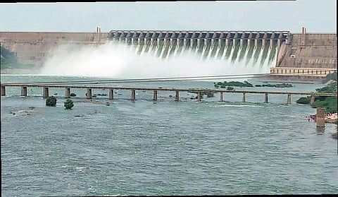 Water pours out of the Nagarjuna Sagar Project in Nalgonda district after all 26 crest gates were opened on Monday, a first since 2009 (Photo |EPS)
