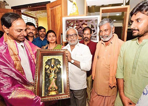 Chief Minister K Chandrasekhar Rao with TTD chairman YV Subba Reddy during his visit to Tirupathi on Monday (Photo | EPS)