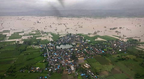 A birds eye view shot from an Indian Navy aircraft of flooded Kohlapur district , Maharashtra on August 7. (Photo | PTI)