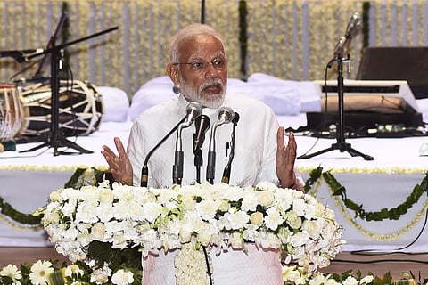 Prime Minister Narendra Modi addresses after paying tribute to former external affairs minister Sushma Swaraj during a condolence meeting in New Delhi on Tuesday August 13 2019. | (Parveen Negi | EPS)