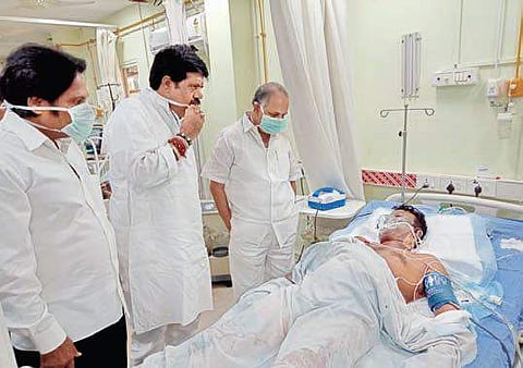 Minister Avanthi Srinivas, MP MVV Satyanarayana and VMRDA chairman Dronamraju Srinivas visited injured crew of supply vessel at a hospital in Vizag | express