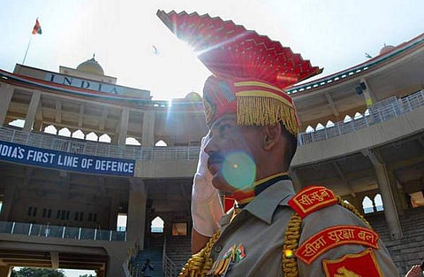 A Border Security Force (BSF) jawan at the India-Pakistan Attari-Wagah border post.
