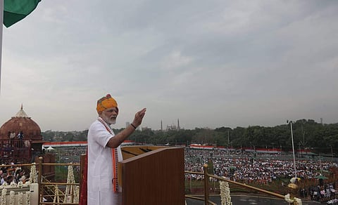 Prime Minister Narendra Modi addresses the nation on the 73rd Independence Day celebration from the ramparts of the historical Red Fort in New Delhi on Thursday. | (Shekhar Yadav | EPS)