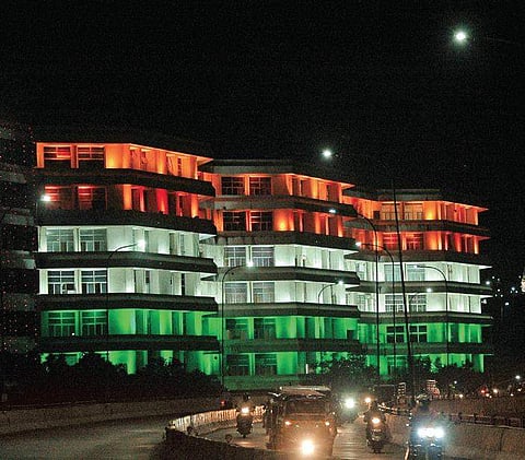 BRKR Bhavan lit up on the eve of the 73rd Independence Day in Hyderabad on Wednesday (Photo| EPS, S Senbagapandiyan)