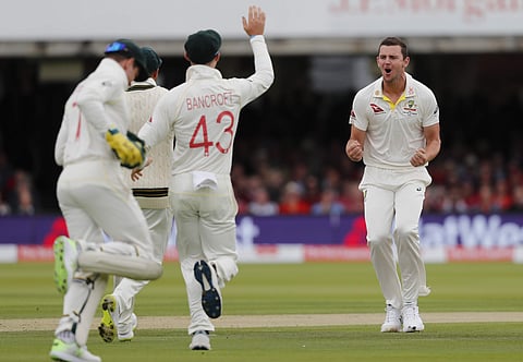 Australia's Josh Hazlewood celebrates taking the wicket of England's Jason Roy during the second day of the second Ashes test match between England and Australia. (Photo | AP)