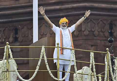 Prime Minister Narendra Modi waves at the crowd during 73rd Independence Day function at the historic Red Fort in New Delhi Thursday August 15 2019. | PTI