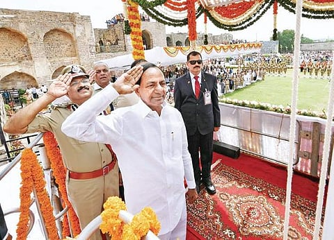 Chief Minister K Chandrasekhar Rao salutes during the Independence Day celebrations at Golconda Fort in Hyderabad on Thursday (Photo |EPS)