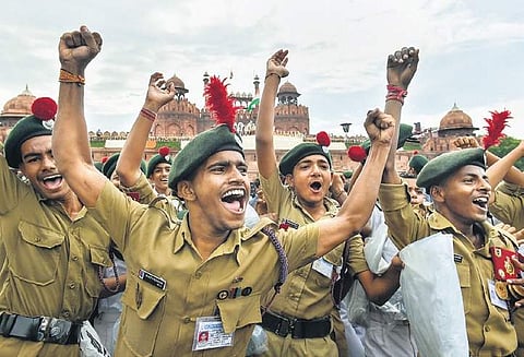 National Cadet Corps cadets celebrate on the occasion of the 73rd Independence Day, at the historic Red Fort in New Delhi. (Photo | PTI)