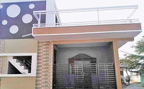 The new house built by Peer Pipliya village’s young men for their ‘sister’ Raju Bai; (inset) The old hut in which the martyr’s widow lived with her two sons. | Express Photo Services
