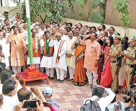 BJP leaders participate in the 73rd Independence Day celebrations at the BJP office in Hyderabad on Thursday (Photo |EPS)