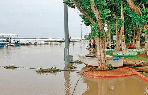 Flood water reached over Punnami ghat due to excess outflow from Pulichintala project in Vijayawada on Saturday | Express