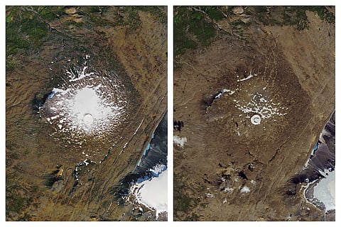 This combination of Sept. 14, 1986, left, and Aug. 1, 2019 photos provided by NASA shows the shrinking of the Okjokull glacier (Photo | AP)