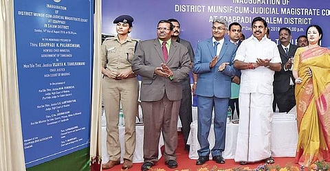 Madras High Court Chief Justice Vijaya Tahilramani inaugurating a court complex in the presence of CM Palaniswami at Edappadi in Salem district on Sunday | Express