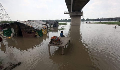 Water level in Yamuna river rises after the release of water from Hathnikund Barrage in New Delhi. (Photo | Shekhar Yadav, EPS)