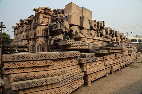 Carved stones are seen at the Ram Janmabhomi Nyas-run workshop at Karsevakpuram in Ayodhya Monday November 12 2018. | (File | PTI)