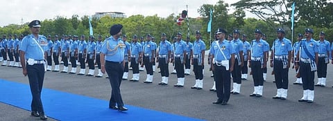 Air Chief Marshal B S Dhanoa reviewing the guard of honour at the Southern Air Command headquarters in Thiruvananthapuram on Thursday | Express Photo
