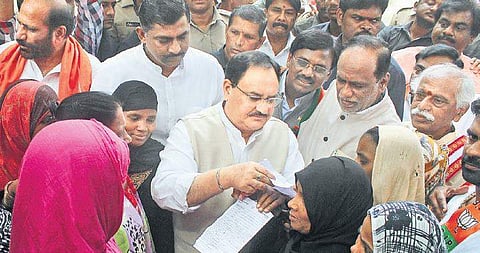 BJP working president JP Nadda participates in BJP membership drive at EWS Colony at Baghlingampally in Hydarabad on Monday | Sathya Keerthi