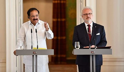 Vice President Venkaiah Naidu with Latvian President Egils Levits (Photo | Vice President Of India Twitter)