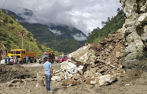A view of the damaged road due to landslide caused by incessant rainfall in Kullu district Monday August 19 2019. | PTI