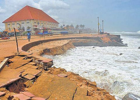 The portion of Shanghumukham beach in Thiruvananthapuram that was eaten away by rough seas, following heavy rain and wind a few days ago | BP Deepu
