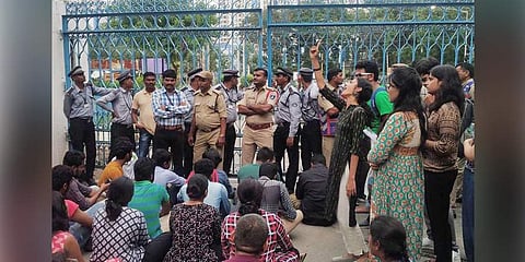 Protest at UoH campus as police detains students on Tuesday. (Photo | Express)
