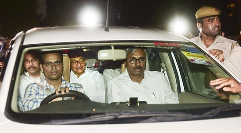 CBI officials arrest Congress leader P Chidambaram from his Jor Bagh residence in New Delhi on August 21 2019. (Photo | PTI)