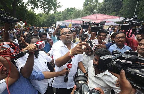 Karti Chidambaram speaks to the media at the Jantar Mantar in New Delhi on Thursday, August 22, 2019. | (Shekhar Yadav | EPS)