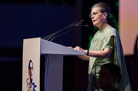 Congress President Sonia Gandhi speaks during the 75th birth anniversary celebrations of former prime minister Rajiv Gandhi. (Photo| PTI)