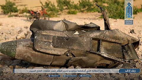 Part of a Syrian warplane that was shot down by rebel fighters over Idlib province in Syria. (Photo | AP)