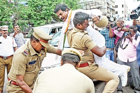 TNCC members staging a protest against the arrest of former Union Finance Minister P Chidambaram, at Sathyamoorthy Bhavan in Chennai on Thursday | Ashwin Prasath
