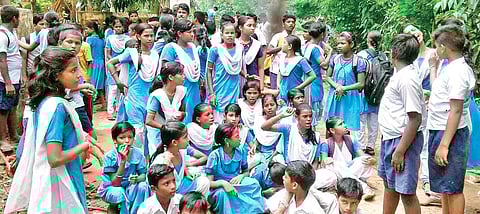 Students staging protest at Gopaljew Vidyapeeth in Gajrajpur on Thursday | Express