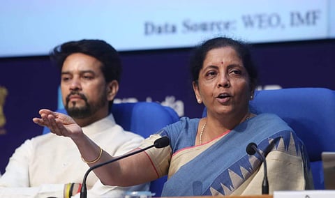 Union Finance Minister Nirmala Sitharaman addressing the press conference. (Photo | Shekhar Yadav)