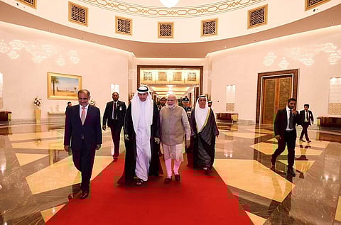 Modi reached UAE capital Abu Dhabi from Paris. (Photo | Twitter)