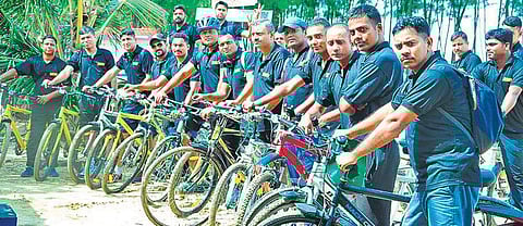 Navy cycling expedition team at Kuzhippilly beach in Kochi on Friday