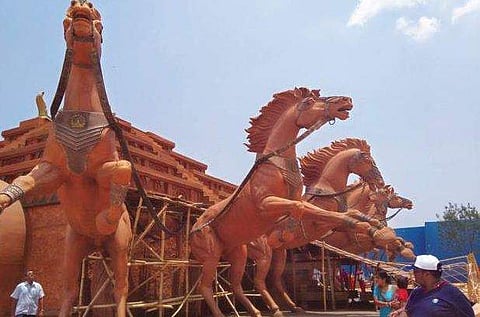 Clockwise from above: Sets of Baahubali; a scene from Spirit of Ramoji live performance; live show arena