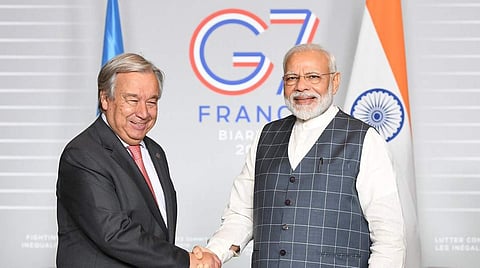 Prime Minister Narendra Modi and UN Secretary-General Antonio Guterres (Photo | @PMOIndia, Twitter)