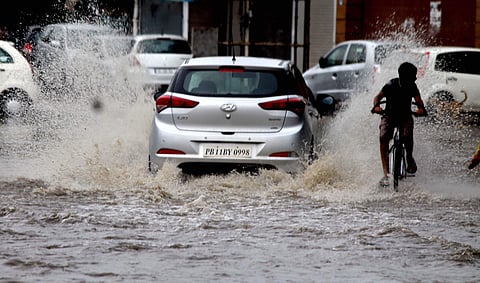 Vehicles wade through a waterlogged road after heavy rain in Patiala Sunday (Photo | PTI)