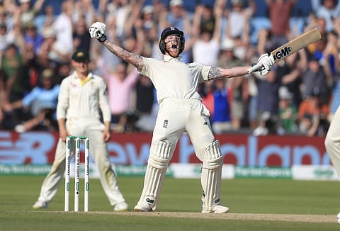 England's Ben Stokes celebrates winning on day four of the third Ashes cricket Test match against Australia at Headingley, Leeds. (Photo | AP)