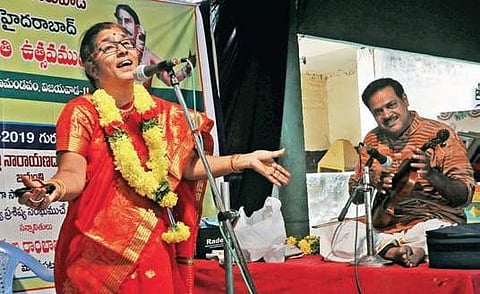 N Nagalakshmi performs at Adibhatala’s birth anniversary celebrations at Sree Seetarama Kalyana Mandapam in city on Sunday | express