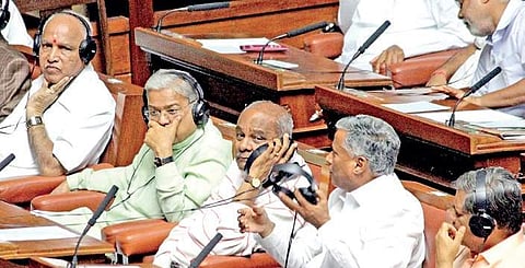 (From left) BS Yeddyurappa, Govind Karjol, Umesh Katti, V Somanna and Jagadish Shettar taking part in the debate on trust vote in the Assembly, in Bengaluru, on Monday (File photo | Vinod Kumar T)