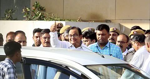 Senior Congress leader and former Union minister P Chidambaram after being produced at a CBI court in the INX media case in New Delhi Monday August 26 2019.(Photo | Shekhar Yadav, EPS)