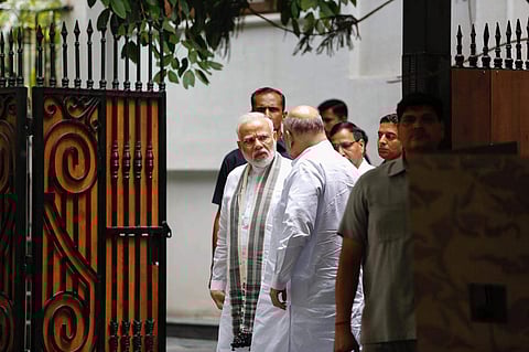 Prime Minister Narendra Modi and Home Minister Amit Shah leaving after meeting the family of former Finance Minister and late senior BJP leader Arun Jaitley at his residence in New Delhi on Tuesday. | (Arun Kumar | EPS)