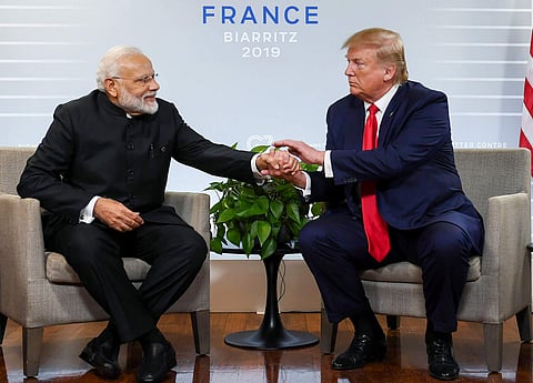 Prime Minister Narendra Modi with US President Donald Trump during a bilateral meeting in the sidelines of G-7 summit in Biarritz France Monday August 26 2019. | PTI