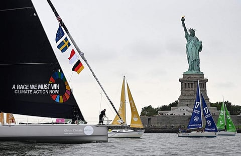 The Malizia II, a zero-carbon yacht, with Swedish climate activist Greta Thunberg, 16, arrives in the US after a 15-day journey crossing the Atlantic in on August 28, 2019 in New York. (Photo | AFP)