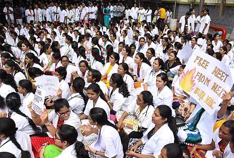 Padmavati Medical College Students protesting against NMC bill at Ruia Hospital in Tirupati on Saturday. | (Madhav K | EPS)