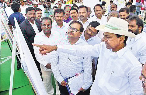 Chief Minister K Chandrasekhar Rao during a visit to Karivena project, a part of PRLIS, on Thursday | Express