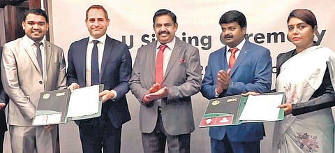 Chief Minister Edappadi K Palaniswami and Health Minister C Vijayabaskar with other dignitaries in London, on Thursday | Express