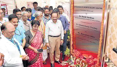 Union Health Minister Harsh Vardhan laying the foundation stone for the expansion of the Sports Injury Centre at Safdarjung Hospital on Friday. (Photo | Twitter)