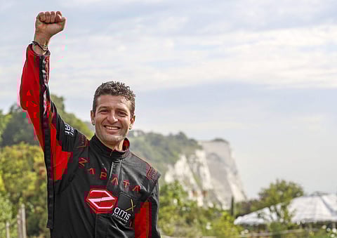 French inventor Franky Zapata poses for photographs in Dover after crossing the Channel on a jet-powered hover-board on Sunday (Photo | AP)