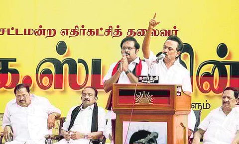 MK Stalin during a meeting at Mandi Theru | S DINESH